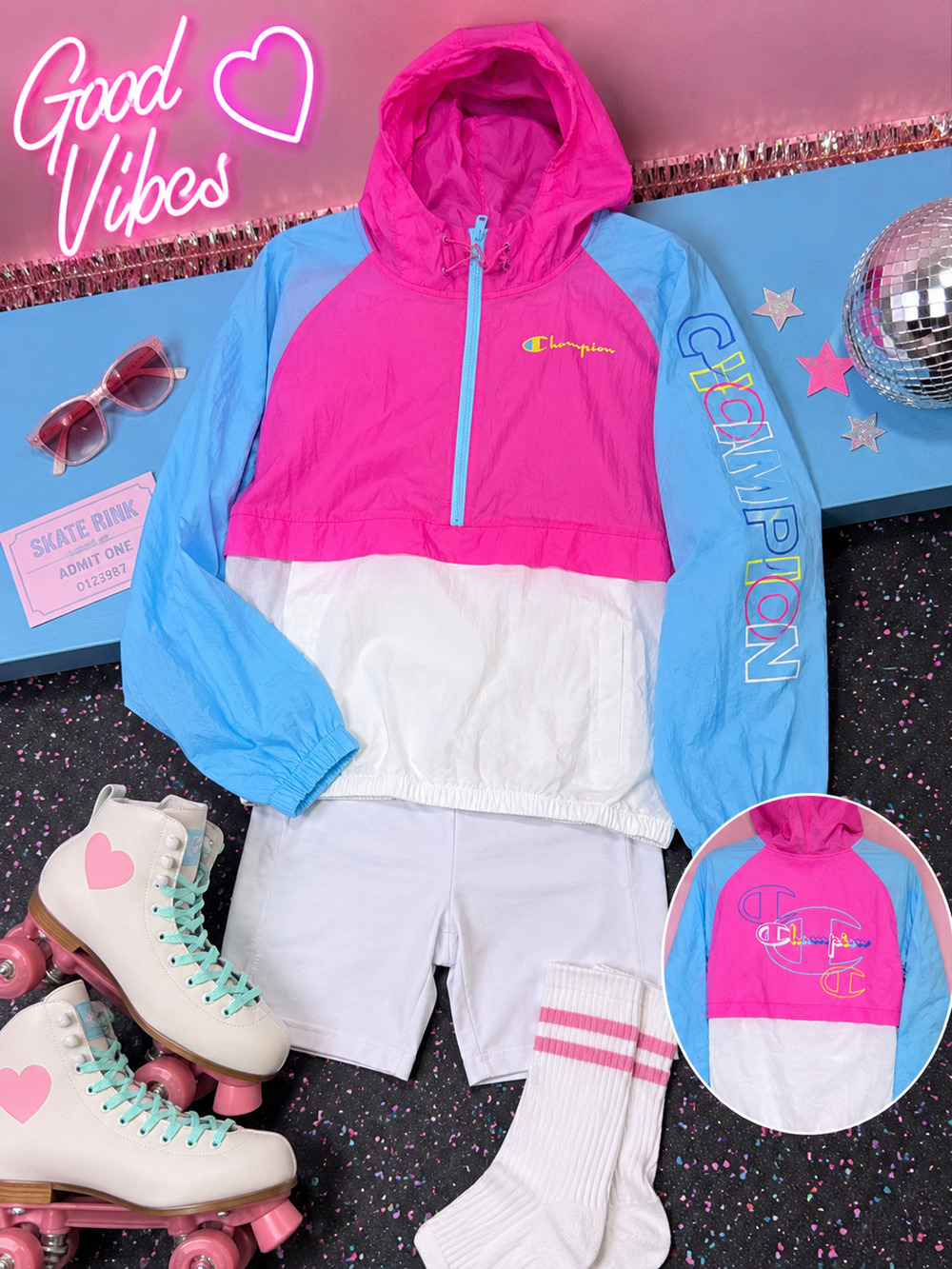 Champion Colorblock Hooded Windbreaker Jacket Pink Blue White Medium